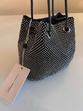 LOVERS + FRIENDS Rhinestone Bucket Bag Black Crystal Evening Mini